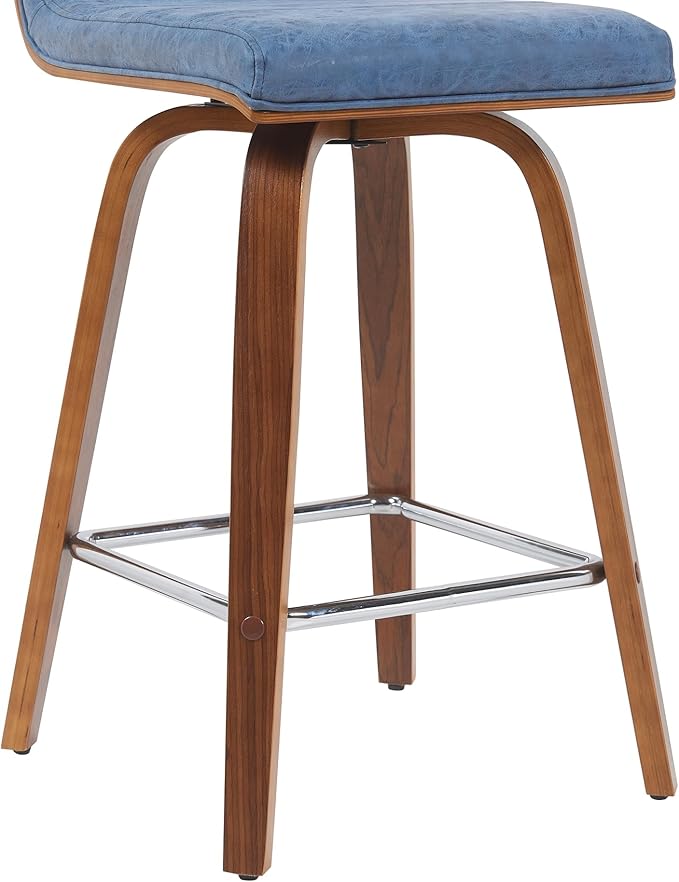 Vienna Modern Counter Height Swivel Bar Stool with Vintage Blue Upholstered Seat and Walnut Finished Wood Frame Set of 2