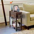 Brown Chairside Narrow End Table, Solid Wood Recliner Side Table with Drawer, Slim Nightstand Bedside Table for Living Room Bedroom