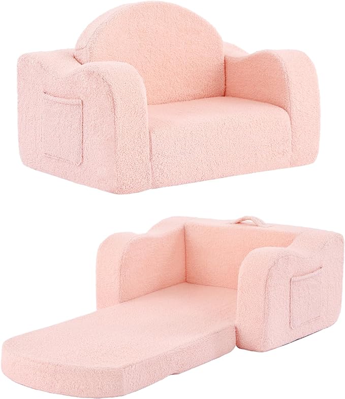 Tiita Kids Chair Couch, Folding Toddler Comfy Sofa Chairs, 2-in-1 Kids Plush Sofa Fold Out, Baby Armrest Chair Sofa to Lounger, Convertible Play Sofas to Bed for Girl or Boy, Pink