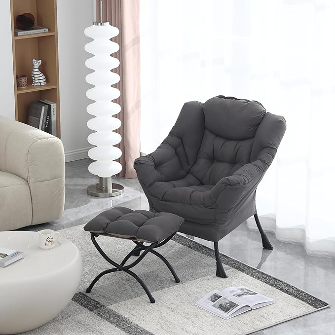 Lazy Chair with Folding Ottoman, Modern Accent Lounge Armchair with Armrests and a Side Pocket & Foldable Footstool, Leisure Reading Chair for Living Room, Bedroom, Dorm & Office, Dark Grey