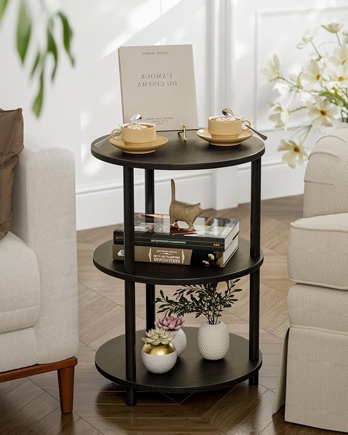 Small Round End Table - 3 Tier Design Accent Table, Narrow Side or Bedside Stand, Industrial Vintage Nightstand for Bedroom, Living Room, or Small Spaces, Charcoal Wenge