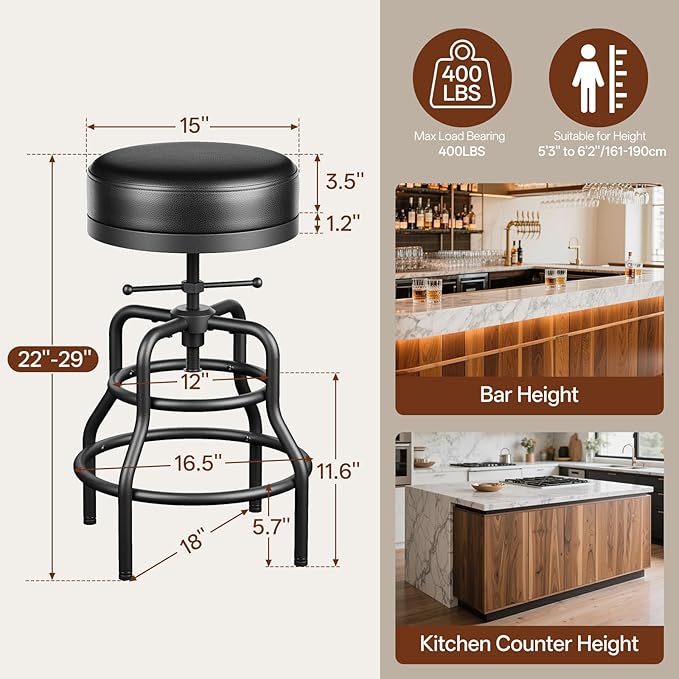 Adjustable Height Swivel Bar Stools Set of 2, 22-29 Inch Industrial Vintage Bar Counter Height Stools with Thicken Premium Bonded Leather Seats & Updated Footrests, Easy Assembly, Black