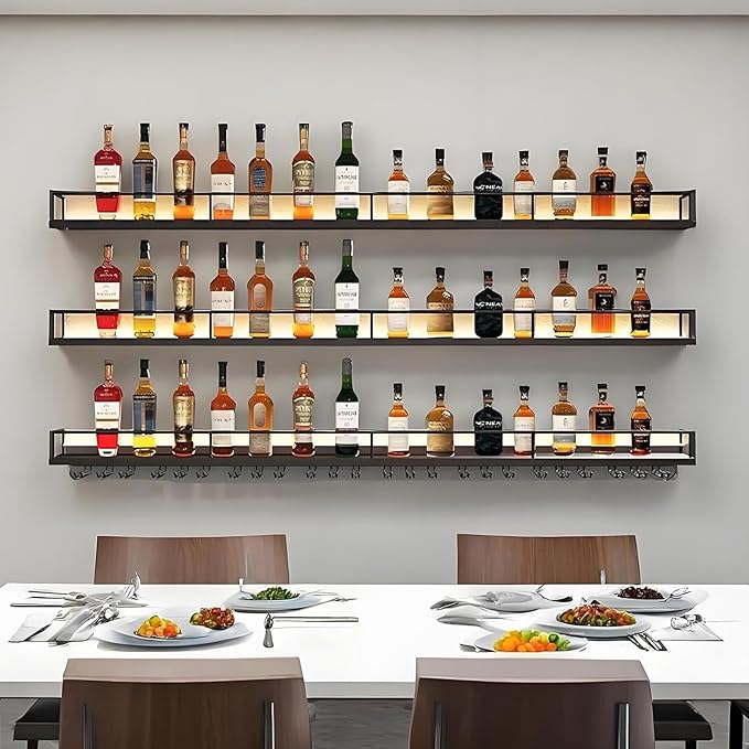 Wall-Mounted Metal Wine Rack with LED Lights 3-Tier Floating Bar Shelves with Wine Glass Rack Large Wine Bottle Display Rack Hanging Shelf, for Home Bar Dining Room Decorative (Gold, 120cm/47.2in)