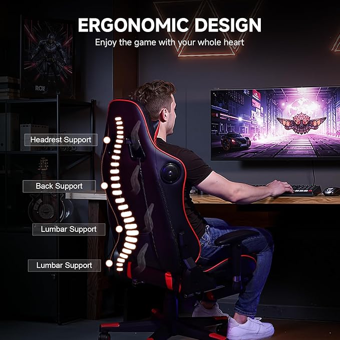 GTPLAYER Gaming Chair with Bluetooth Speakers, Adjustable Backrest and Height, 3D Armrests, Footrest, Ergonomic Computer Chair for Gamers (Brick Red)