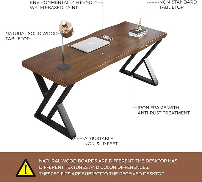 Rustic Style Solid Wood 55-inch Computer Desk - Large Office Desk for Home Office, Modern and Simple Design, Ideal for Study, Writing, Dining