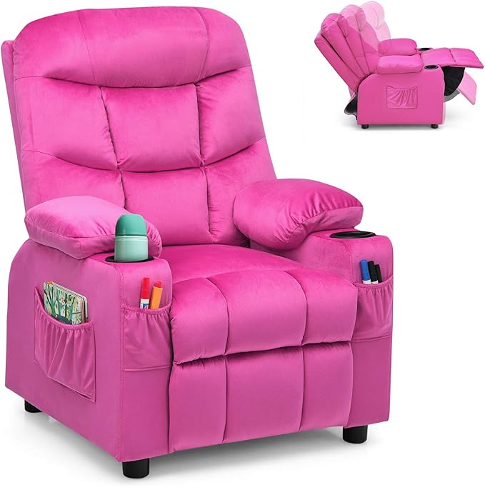 Costzon Kids Velvet Recliner Chair with Cup Holder, Footrest & Side Pockets for Children Boys Girls Baby Bedroom, Adjustable, Ergonomic Toddler Furniture Sofa Gifts (Rose)