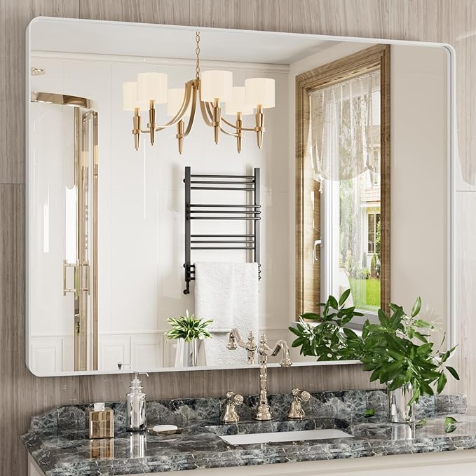 White Bathroom Mirror 48x36 Inch, White Metal Framed Bathroom Mirror for Wall, Rounded Rectangle Matte Bathroom Vanity Mirror, Tempered Glass, Anti-Rust, Horizontal/Vertical
