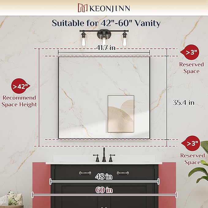 Keonjinn Black Framed Mirror 42 x 36 Inch Bathroom Vanity Mirror for Wall Metal Frame Rectangle Bathroom Mirror Large Farmhouse Mirror Modern Matte Black Mirror for Over Sink(Horizontal/Vertical)