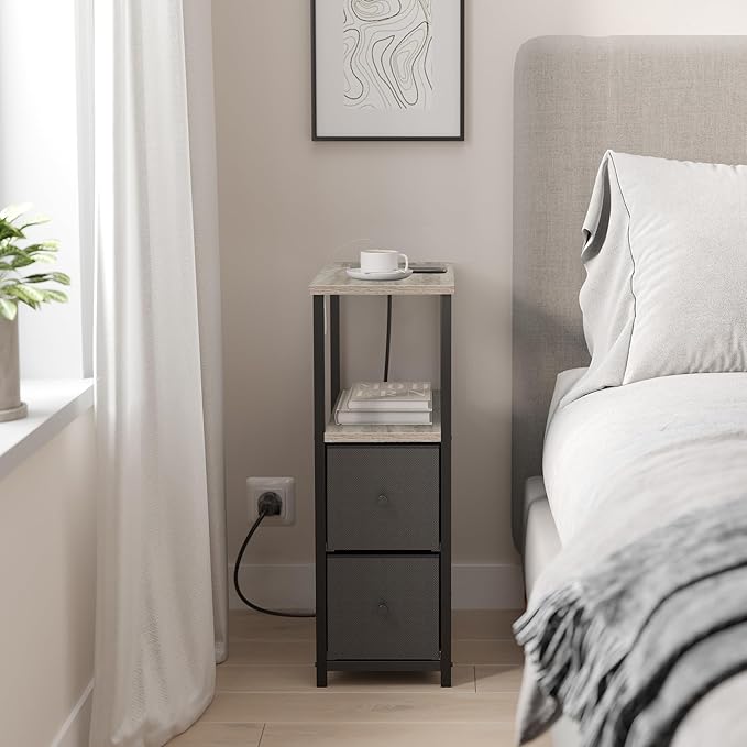 TUTOTAK Small Narrow End Table with Charging Station, Set of 2, Side Table with Outlets, Nightstand with 2 Cloth Drawers, Couch Table, for Living Room, Bedroom, Bedside, Greige TB01BG055