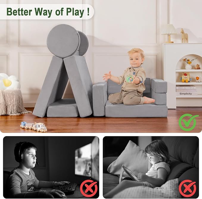Modular Kids Play Couch 15PCS, Convertible Toddler Floor Sofa Set, Foam Play Sofa for Boys & Girls, Versatile Kids Furniture for Playroom, Climbing, Reading, Relaxing