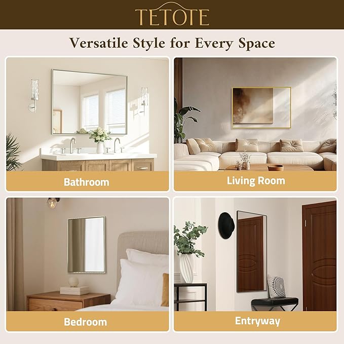 TETOTE Bathroom Mirror for Over Sink Brushed Nickel Beveled Frame 42" x 36" Rectangle Bathroom Vanity Wall Mirror, Tempered Glass, Stronger Frame, Modern Farmhouse Bedroom, Entryway, Living Room