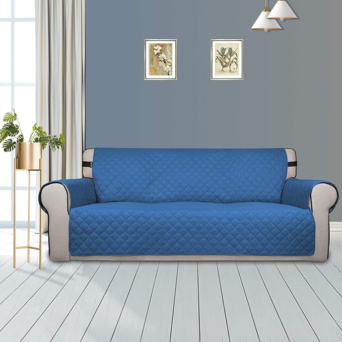 PureFit Reversible Sofa Couch Cover Water Resistant Couch Covers for 3 Cushion, Washable Furniture Cover with Non-Slip Foam and Adjustable Strap for Dogs, Pets (Oversized Sofa, Blue/Ivory)