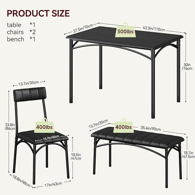 Garvee Dining Table Set for 4, Kitchen Table with Upholstered Bench and 2 Chairs, 4-Piece Wooden Dining Table Set for Apartment, Dining Room, Small Space, Black