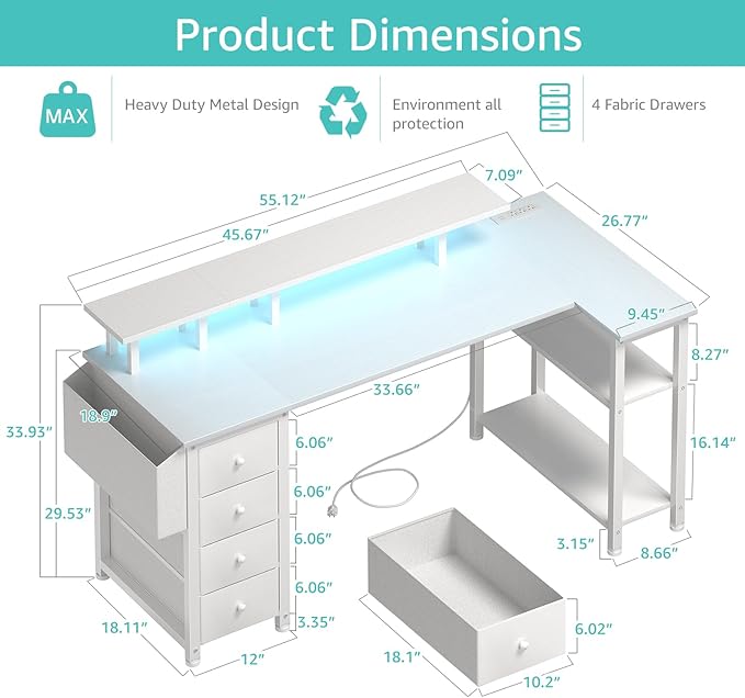 Lufeiya White L Shaped Computer Desk with Fabric Drawers, 55 Inch Corner Home Office Desk with Monitor Stand Shelves, Writing Study Gaming Desks with Led Lights and Power Outlets for Bedroom, White
