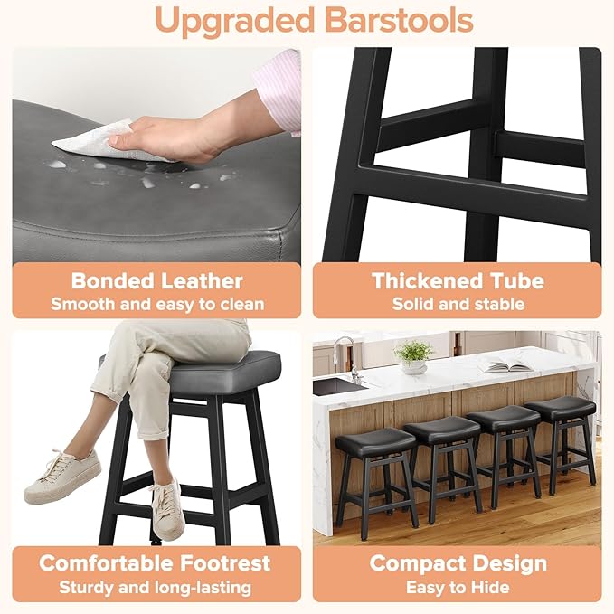 Counter Height Bar Stools Set of 3, 24 Inch Barstools for Kitchen Counter, Kitchen Stools with Bonded Leather Saddle Seats & Heavy Duty Metal Legs, Easy Assembly, Gray/Black