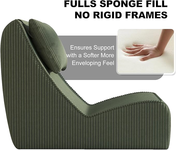Giant Bean Bag Chair for Adults,Corduroy Chaise Lounge with Unrivaled Back Support, Detachable Neck Pillow, Comfortable Ottoman & Washable Cover for Living Room, Bedroom, Garden (Olive green)