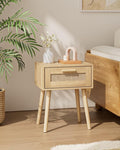 Rattan Nightstand, Small Night Stand, Side Table with Drawer Open Shelf, Cane Accent Bedside End Table with Wood Legs, Bohemian Wood Nightstand for Bedroom, Oak (Bohemian)