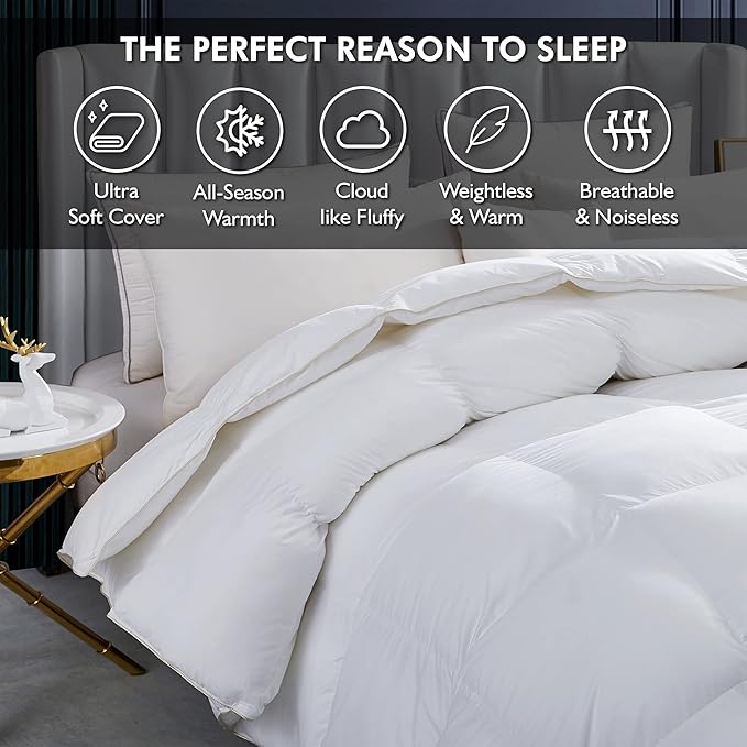 Luxurious White Solid Heavy Weight, King Size Goose Feathers Down Comforter for Winter Weather Duvet Insert, Premium Baffle Box, 100% Egyptian Cotton Cover, 70 oz. Fill Weight