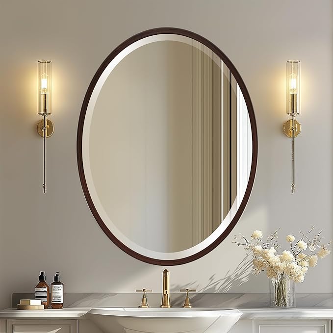 OVALCREST - Oval Wooden Beveled Wall Mirror for Home Decor, Bathroom, Vanity, Bedroom, Living Room, Hallway - London Style (Black Walnut) 25.1 x 37.1