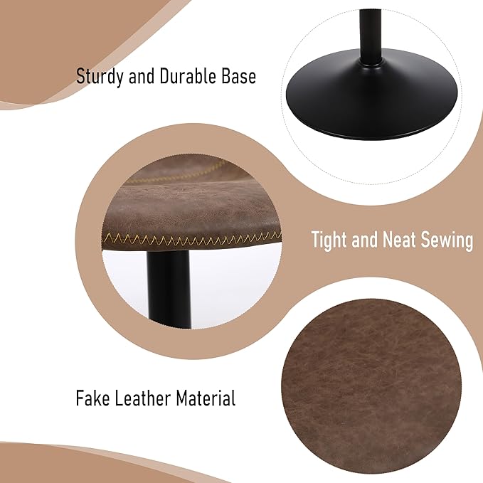 Bar Stools Set of 2, Swivel Counter Height Barstools with Back, Adjustable Modern Bar Chairs, Tall Armless PU Leather Kitchen Island Stool, Brown