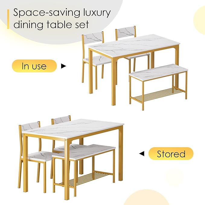 soges 4-Piece Dining Table Set with Bench - 4 Person Kitchen Table and 2 Chairs for Small Spaces, Apartment - Metal Frame & Woodgrain Tabletop, Space-Saving Design, Durable & Easy to Clean, Gold