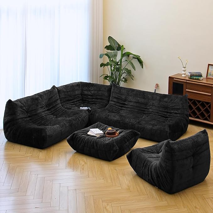 N&V Fireside Chair, Mid Century Armless Floor Sofa, Soft Premium Chenille Floor Lounge Chair, Foam Sofa Accent Chair for Living Room Bedroom and Office (Black, Corner Chair)