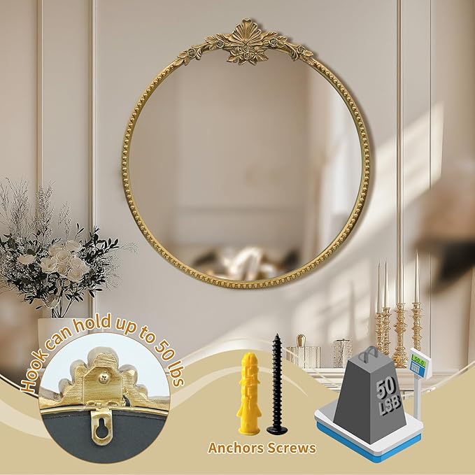 Round Gold Mirror,28inch Baroque Style Vintage Decorative Circle Wall Mirror for Living Room, Bedroom, Bathroom, and Entryway,Antique Gold