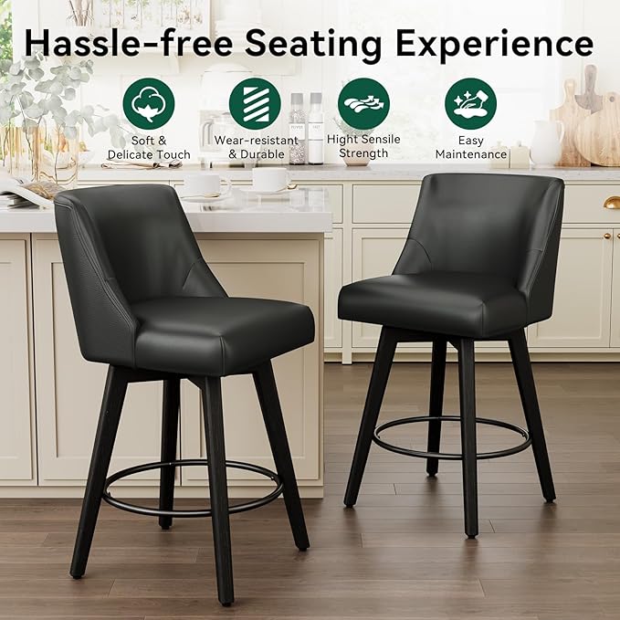 Vipbear Swivel Counter Height Bar Stools Set of 2,26.8" H Counter Stools with Back, Mid Century Modern Bar Stools for Kitchen Island,Faux Leather,Wooden Base, Black