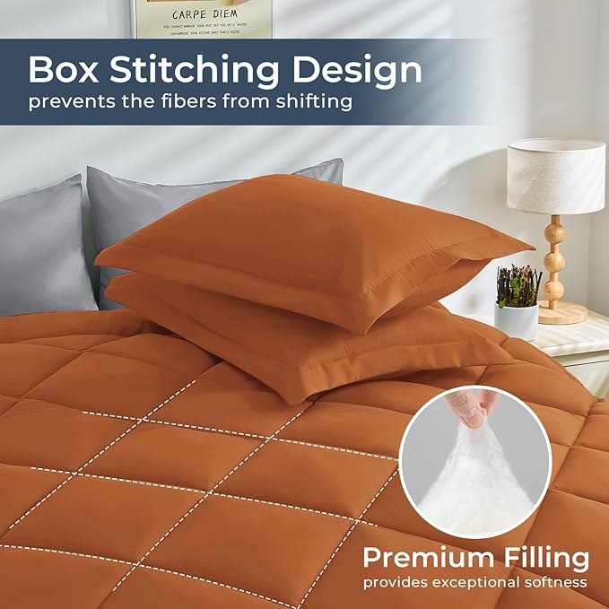HEVUMYI Queen Comforter Set - 7-Piece All Season Bed in a Bag Queen, Ultra Soft Bedding Set with Comforter, Flat Sheet, Fitted Sheet, Pillowcases, Pillow Shams, Orange & Light Grey
