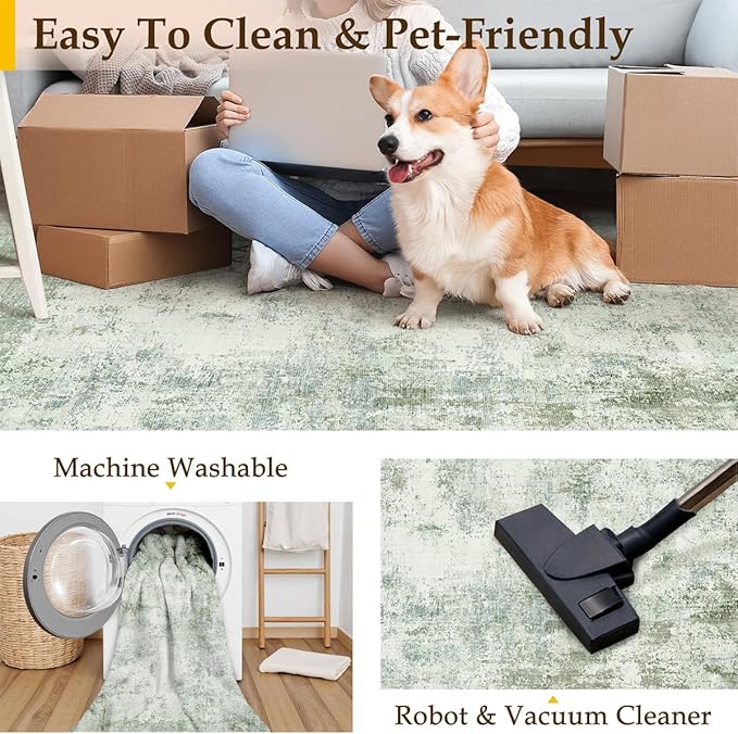 9x12Washable Area Rug Green Modern Neutral Abstract Living Room Bedroom Indoor Floor Carpet Low Pile Soft Non-Slip Lightweight Vacuumable Large Throw Rug for Nursery Dining Room