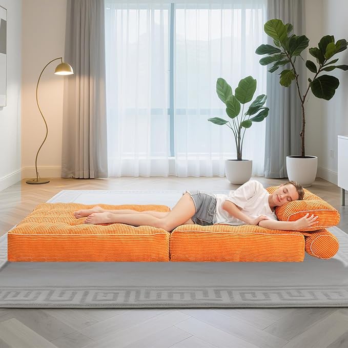 HABUTWAY Folding Sofa Bed, Convertible Sleeper Chair Bed w/Dual-Pillow & Handle, Foldable Floor Sofa Lounge w/Back Support for Living Room, Bedroom, Apartment, Office, Orange