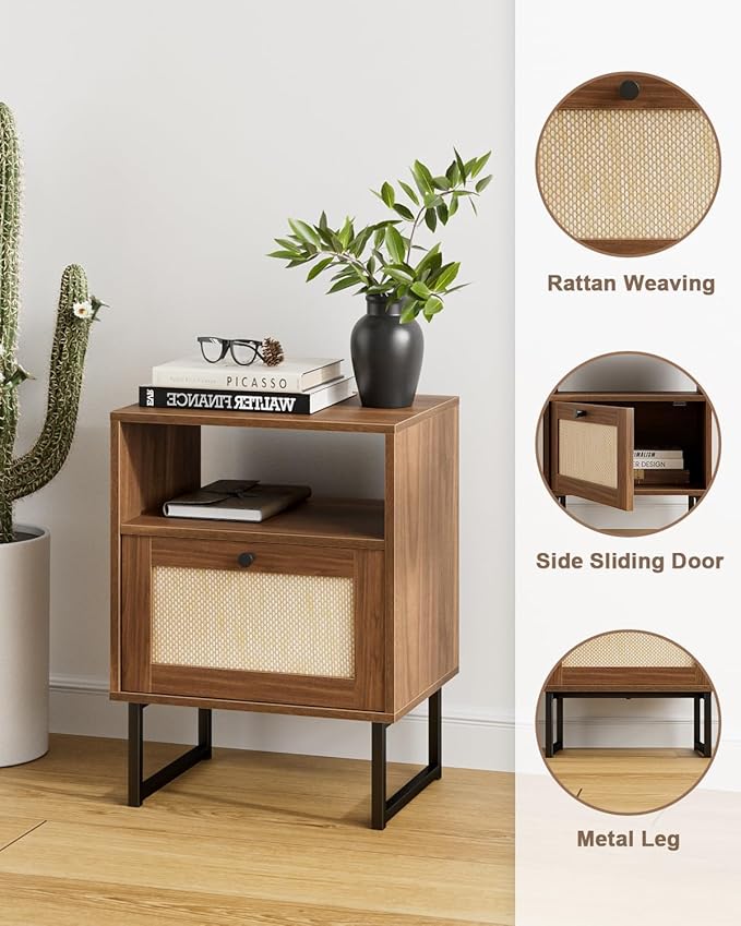 Masupu Extra Large Rattan Nightstand,Modern Boho Farmhouse Wood Bedside Table with Storage Drawer and Open Shelf, Black Frame Side End Table for Bedroom,Living Room,Office (Walnut)