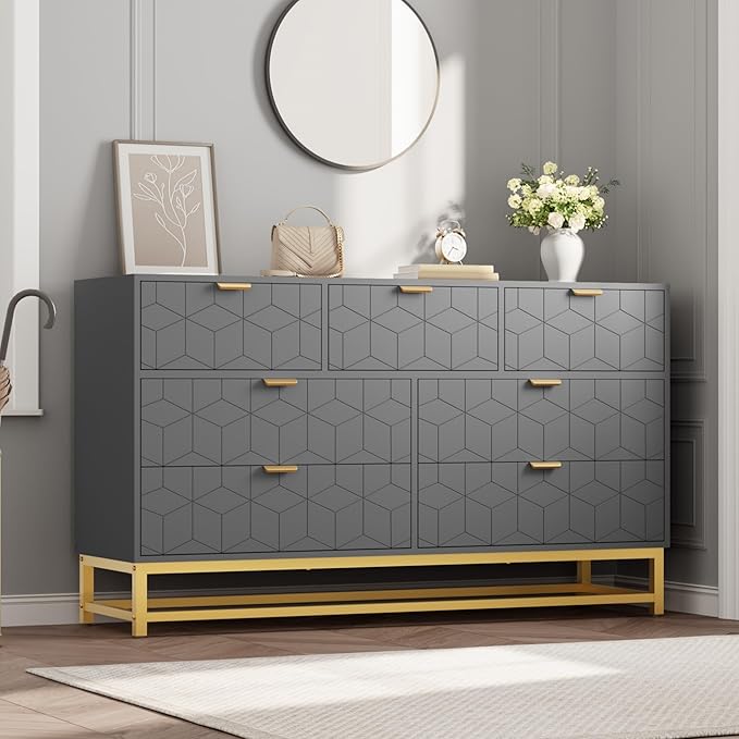 Dresser for Bedroom, 53.5" Wide Dresser Organizer, 7 Drawer with Golden Metal Handle and Legs, Modern Chest of Drawers for Closet, Hallway, Living Room, Entryway, Grey