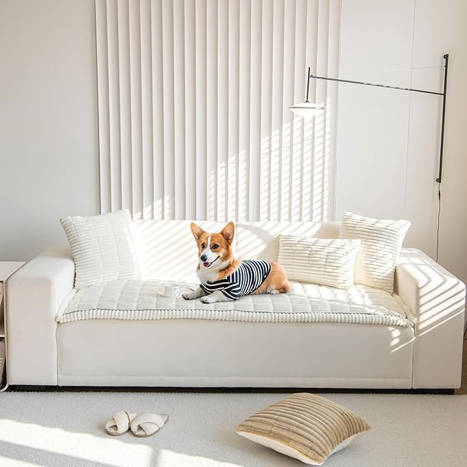 OTOB Sofa Covers for 3 Cushion Couch Washable, Fuzzy Non Slip Pet Friendly Couch Cover Protector Love Seat, All Seasons Soft Plush Furniture Bed Mats Sofa Slipcovers (Cream, 31.5" x 70.9'')