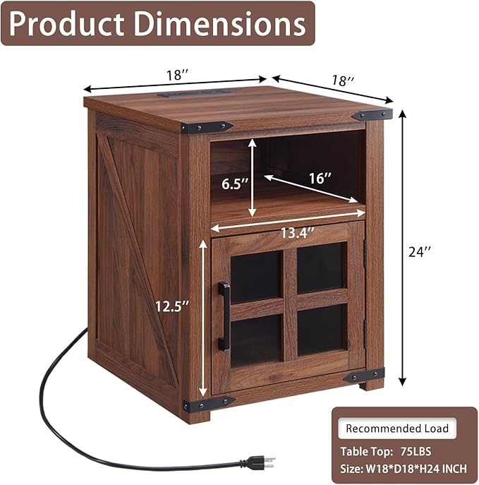 Farmhouse Nightstand with Charging Station, Rustic End Table with Tempered Glass Barn Door, Wood Sofa Side Bedside Table with Open Storage Shelf for Living Room, Bedroom, Brown