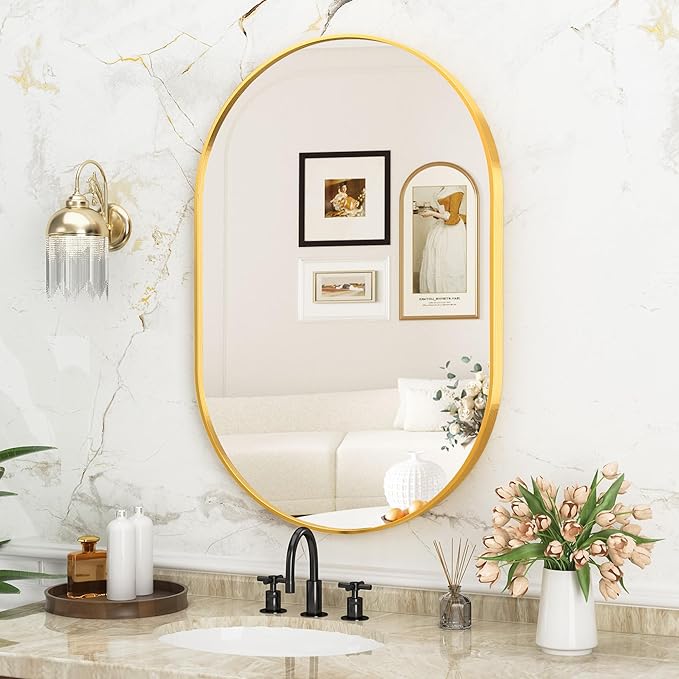 Suidia 22" x 30" Bathroom Mirror, Bathroom Vanity Mirror Metal Framed, Wall-Mounted Mirrors for Bedroom, Living Room, Entryway, Hallway, Gold, Oval Style