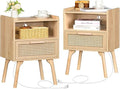 Lerliuo Rattan Nightstands Set of 2 with Charging Station, Boho Side Table with Drawer Open Shelf, Cane Accent Bedside End Table with Solid Wood Legs for Bedroom, Dorm and Small Spaces (Natural)
