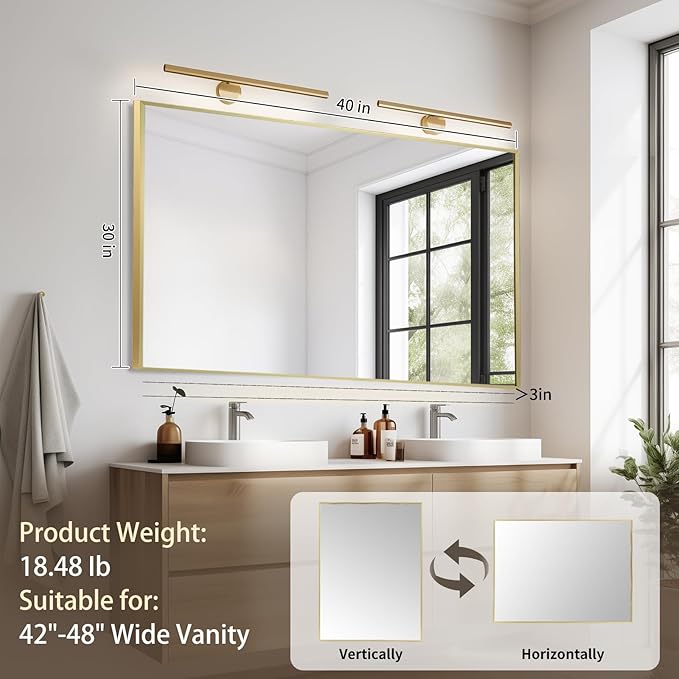 Brushed Gold Mirror, 40x30 Inch Aluminum Framed Rectangle Mirror, Anti-Rust, Tempered Glass, Square Corner Wall Mirror for Over Sink, Vanity, Bedroom, Entryway, Horizontal/Vertical
