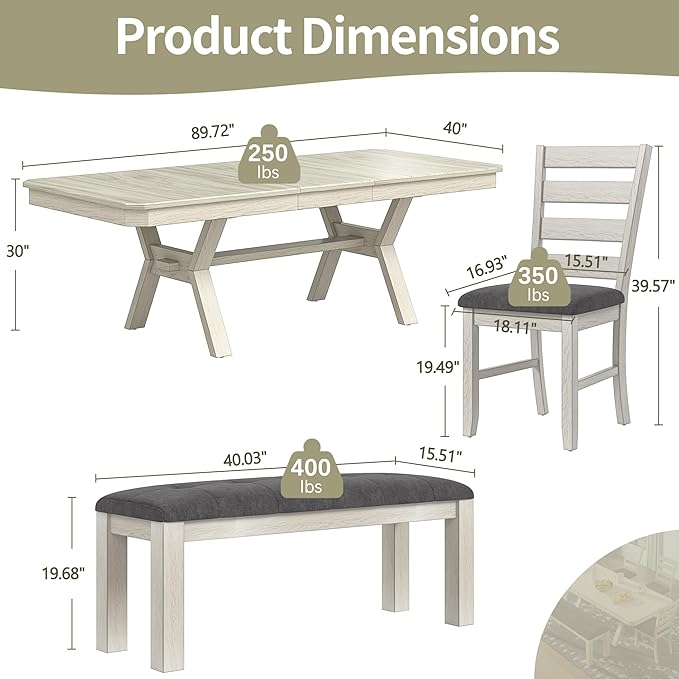 6-Piece Solid Wood Dining Table Set for 6, Modern Breakfast Dinette Kitchen Table with Bench & Chairs for Dining Room, Kitchen, Grey