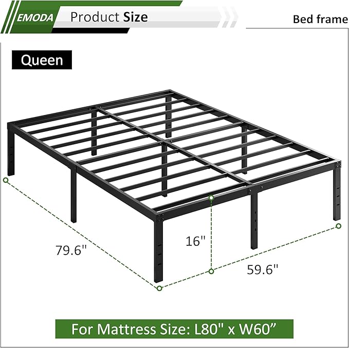 EMODA 16 Inch Bed Frame Queen Size Heavy Duty Metal Platform No Box Spring Needed with Steel Slat Support, Easy Assembly, Black