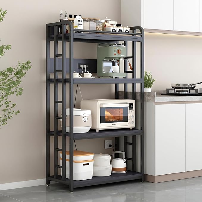 Adjustable 4-Tier Heavy Duty Kitchen Baker's Rack with Power Outlet, with Industrial Wheels, Free Standing Microwave Oven Cart Stand for Storage, Garage, Mini Fridge Stand, Black