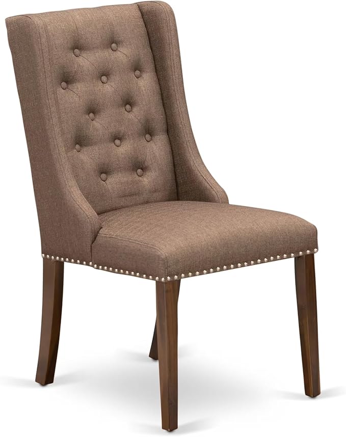 NKFO9-AWA-18-9-Piece Kitchen Set Consists of a Dinner Table and 8 Brown Linen Fabric Kitchen Chairs with Button Tufted Chair Back - Antique Walnut Finish.