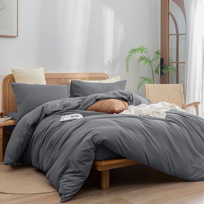BESTOUCH Duvet Cover Set 100% Washed Cotton Linen Feel Super Soft Comfortable Chic Lightweight 3 PCs Home Bedding Set Solid Quiet Shade Grey Oversized King
