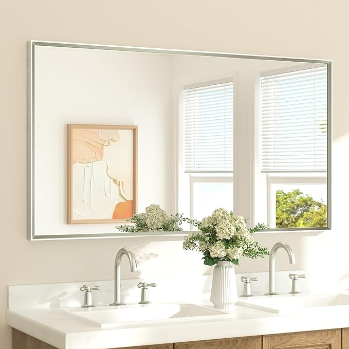 TETOTE Brushed Nickel Bathroom Vanity Mirror 55" x 30" Beveled Framed Bathroom Wall Mirror for Over Sink Brushed Nickel, Tempered Glass, Modern Farmhouse Bedroom, Entryway, Living Room