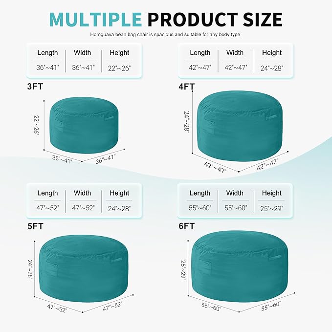 Homguava 3FT Bean Bag Chair: 3' Bean Bags with Memory Foam Filled, Large Beanbag Chairs Soft Sofa with Dutch Velet Cover-Sea Blue