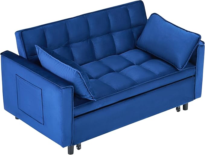 Ball & Cast 3 in 1 Convertible Sleeper Sofa Bed,Velvet Futon Couch with Pull-Out Bed,Convertible Pull Out Couches W/ 2 Pillows,Adjustable Backrest & Side Pocket,for Living Room,Apartment,Blue,55"