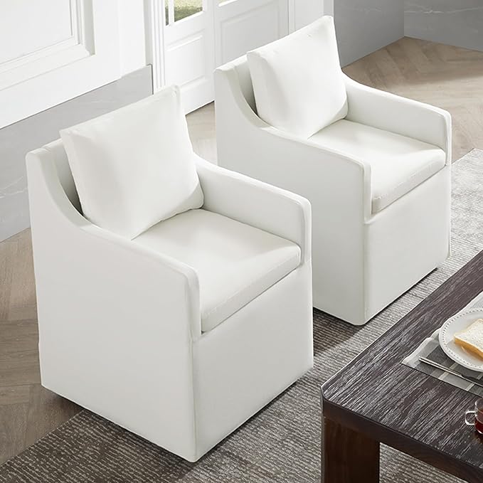 Upholstered Dining Chairs with Casters Washable Cover Side Deskchair with Rollers for Diningroom, Living Room, Cream, 1 Box