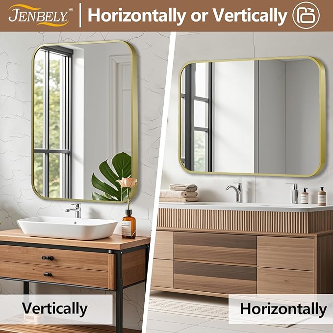 20x28 Inch Gold Mirror, Framed Rectangle Mirror with Rounded Corner, Brushed Brass Mirror, Gold Bathroom Mirror for Over Sink, Vanity, Living Room, Bedroom, Horizontal/Vertical