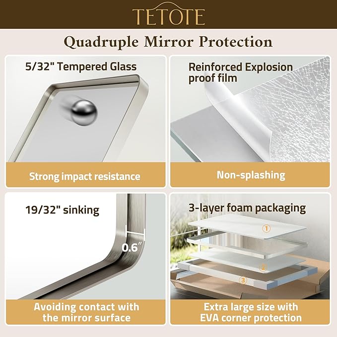 TETOTE Brushed Nickel Mirror 28 x 36 Brushed Nickel Metal Framed Bathroom Mirror, Tempered Glass, Modern Farmhouse Wall Mounted Mirror for Decorative(Horizontal/Vertical)