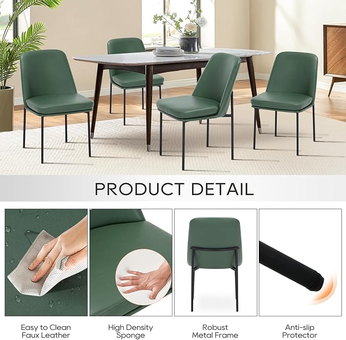 COLAMY Modern Dining Chairs Set of 6, Faux Leather Upholstered Dining Room Chairs Kitchen Chairs Dinner Chair with Curved Back and Metal Legs, Green